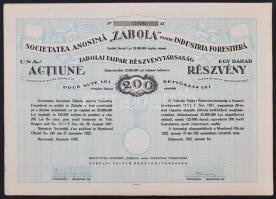 Románia / Bukarest 1922. "Zabolai Faipar Részvénytársaság" részvénye 200L-ről teljes szelvényívvel T:I- Romania / Bucharest 1922. "Zabola Wood Industry Company Ltd." share about 200 Lei with coupons C:AU