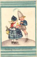 &#039;Boldog Húsvéti ünnepeket&#039; / Easter, boy and girl, chicken, B.Co.B. No. 7679/3,  s: Kerckhoff (EB)