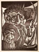 Olvashatatlan jelzéssel: Busók. Fametszet, papír, 12×8 cm, Ex libris Kata. Linó, papír, jelzett a dú...