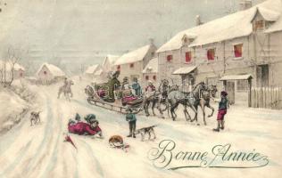 Bonne Année / New Year, horse sled, woman fallen in the snow, Collection Réve No. 026 (EB)
