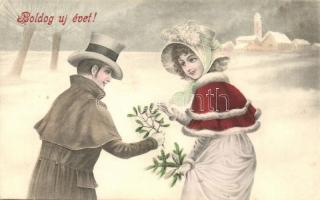 New Year greeting card, couple with pine and holly branches, 'Boldog újévet!', üdvözlőlap, fiatal pár fenyő- és magyalággal