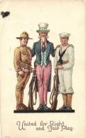United for Right and Fair Play / Uncle Sam, navy officer, ranger, American patriotic propaganda (EK)