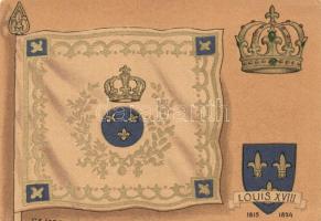 1815-1824 XVIII. Lajos, zászló, korona, címer, aranyozott díszítéssel, litho s: P.A. Leroux, 1815-1824 Louis XVIII, flag, crown, coat of arms, golden decoration, litho s: P.A. Leroux