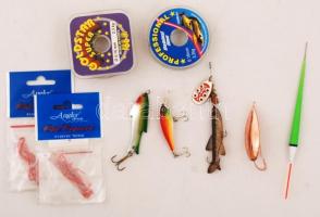 Kis horgásztétel: doboz, benne különféle tartozékokkal: damil, csalik, stb