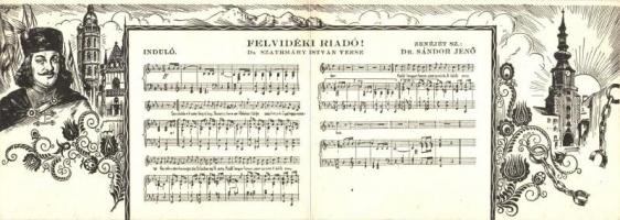 &#039;Felvidéki riadó!&#039;, induló, kottával, kihajtható képeslap / Hungarian marching song with music sheet, folding card, s: Zsolt (fl)