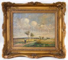 Újváry Ignác (1860-1927): Hazafelé. Olaj, vászon, jelzett, sérült antik keretben, piszkos, 54×68 cm