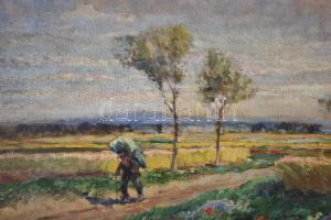 Újváry Ignác (1860-1927): Hazafelé. Olaj, vászon, jelzett, sérült antik keretben, piszkos, 54×68 cm