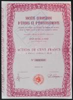 Franciaország 1963. Európai Oktatási és Befektetési Társaság részvénye 100Fr-ról, szelvényekkel és bélyegzéssel T:I- France 1963. Société Européenne dÉtudes et dInvestissements share about 100 Francs with coupons and overprint C:AU