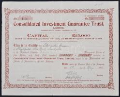 Nagy-Britannia 1916. Consolidated Investment Guarantee Trust, Limited részvényelismervénye 10db részvényről, egyenként 1Sh értékben T:III két szakadás Great Britain 1916. Consolidated Investment Guarantee Trust, Limited share certificate about 10 shares, each with the par value of 1 Shilling C:F two tears