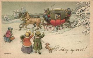 &#039;Boldog új évet!&#039; / New Year, children, horse carriage, Italian art postcard, N.M.M. No. 551/8, s: A. Bertiglia