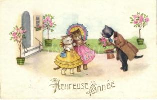 Heureuse Année / New Year, courting cat, cat ladies, E.A.S. No. 1870