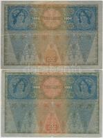 1902. 1000K (2x) mindkét oldal német, "Deutschösterreich" felülnyomással, hátlap rajz T:II...