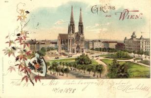 1898 Vienna, Wien; Maximilien Platz, Votiv-Kirche / square, church, coat of arms, Kunstanstalt J. Miesler 602. floral, litho