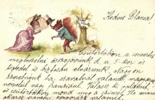 1899 Rabbit lady and squirrel gentleman, Theo-Stroefer&#039;s Kunstverlag, Aquarell-Postkarte Serie V. No. 5291. litho