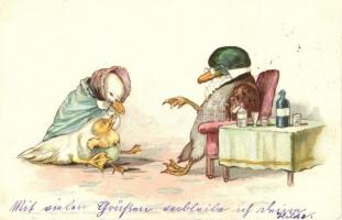 1899 Bird family, humour, Theo-Stroefer&#039;s Kunstverlag, Aquarell-Postkarte Serie V. No. 5281. litho