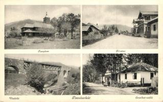 Tiszaborkút, Kvaszi; Templom, Fő utca, Viadukt, Erzsébet-szálló / church, street, viaduct, hotel (EK)