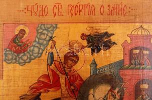 cca 1900 orosz ikon, Szent György és a sárkány, tojástempera, fa tábla, hátán karcolt feliratok / An...