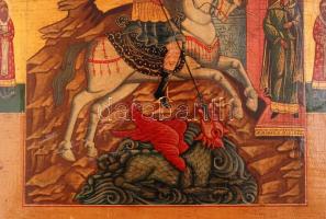 cca 1900 orosz ikon, Szent György és a sárkány, tojástempera, fa tábla, hátán karcolt feliratok / An...