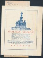 1928 Pécs, meghívó a Zsolnay Vilmos születésének századik évfordulója alkalmából rendezett ünnepségekre, mellékletekkel