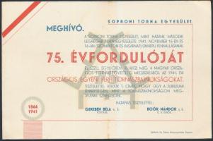 1941 a Soproni Torna Egyesület meghívója az egyesület 75. évfordulós ünnepségre, a fővédnökök névsorával, programmal