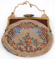Régi színházi táska, gobelin, réz szerelékkel, belül szakadásokkal, 22×17 cm