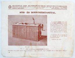 1928 Bp.VI., Az Egyesült Gép- és Fémárugyárak Részvénytársaság sör- és borkimérő asztala, kétoldalas szórólap