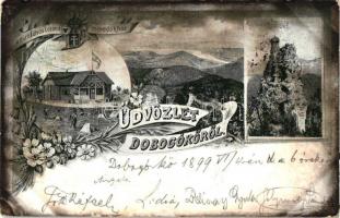 1899 Dobogókő, Báró Eötvös Lóránd menedékház, Északi kilátás, Thirring-szikla, floral, s: Feldbacher (fl)