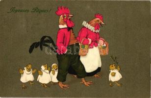 Joyeuses Paques! / Easter, chicken family takes a walk, M. Munk No. 847, litho (Rb)