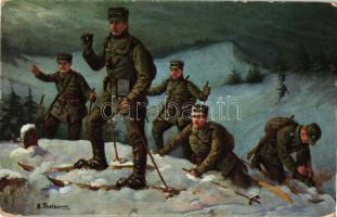 Schneeschuh-Patrouille / WWI German military, Snowshoe Patrol, Münchener Künstlerkarte No. 24. s: Hans Treiber