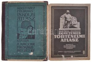 2 db régi iskolai atlasz: Barthos-Kurucz: Egyetemes történelmi atlasz. Bp., é. n., Magyar Királyi Honvéd Térképészeti Intézet. Kissé megviselt papírkötésben.; Kogutowicz Manó földrajzi iskolai atlasza. Átdolg.: Kogutowicz Károly. Bp., 1913, Magyar Földrajzi Intézet Rt. Viseltes félvászon kötésben.