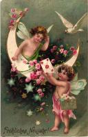 New Year, angels, floral Emb. litho (pinhole)