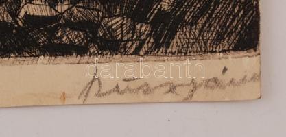 Olvashatatlan jelzéssel: Ózdi házak. Rézkarc, papír, jelzett, szakadásokkal, 31x38 cm