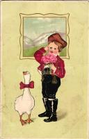 Child in traditional dress, folklore, goose with bowtie, Erika, litho, Emb. (fl)