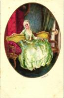 Italian art postcard, lady in green dress, Elite CCM 2500-2. s: Ambart