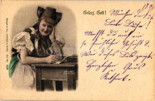 1899 Girl in traditional dress, German folklore, Emb.