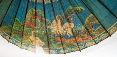 Dekoratív madármotívumos japán bambuszernyő, kis sérüléssel, m: 69 cm