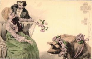 New Year, couple, long hairy pig, clovers, s: H. Schubert