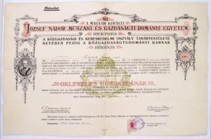 1940 Bp., A Magyar Királyi József Nádor Műszaki és Közgazdaságtudományi Egyetem által kiadott okleveles közgazdász diploma