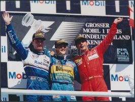 1995 Hockenheim, Németország, A Forma-1-es verseny győztesei(pl. M. Schumacher, David Coulthard), feliratozott sajtófotó, 18x24 cm / 1995 Hockenheim, Germany, The winners of Formula 1(M. Schumacher, David Coulthard), 18x24 cm