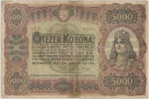 1920. 5000K &quot;Orell Füssli Zürich&quot; piros sorozat- és sorszám T:IV ragasztott Hungary 1920. 5000 Korona &quot;Orell Füssli Zürich&quot; with red serial number C:VG glued Adamo K38