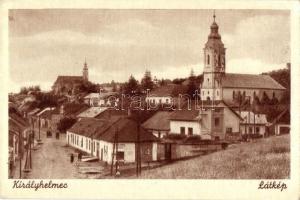 Királyhelmec, Kralovsky Chlumec; Látkép benzinkúttal / street view, gas station, church