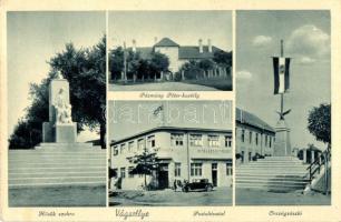 Vágsellye, Pázmány Péter kastélya, posta, hősök szobra, országzászló; Kollmann Jakab kiadása / multi-view with national flag, post office and military monument