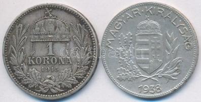 1915KB 1K Ag "Ferenc József" + 1938. 1P Ag T:2,2-