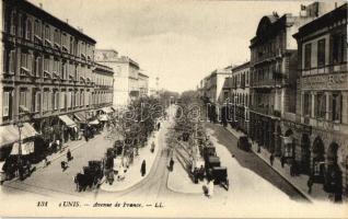 Tunis, Avenue de France / French avenue, horse carriage, from postcard booklet, saloon