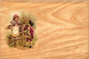 Children couple, litho, wood texture, artist signed