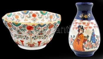 Kínai kis tálka és váza, hibátlan, jelzett, m: 9,5 cm, d: 16 cm, m: 8 cm/ Chinese vase and a small bowl, flawless, marked, m: 9.5 cm, d 16 cm, m 8 cm