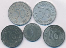 Német 3. Birodalom 1935F 50pf Al + 1940B 10pf Zn + 1942A 10pf Zn + 1943B 1pf Zn + 50pf Al T:2- German Third Reich 1935F 50 Pfennig Al + 1940B 10 Pfennig Zn + 1942A 10 Pfennig Zn + 1943B 1 Pfennig Zn + 50 Pfennig Al C:VF