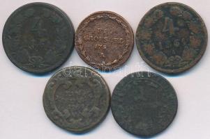 5db-os rézpénz tétel, garas és krajcárok T:vegyes 5pcs of copper coins, greschl and kreuzer coins C:mixed