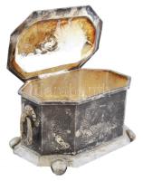 Régi, díszes cukortartó, fém, jelzett, 8x14x9cm