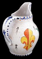 Antik, Anjou liliom címeres kerámia kancsó, kézzel festett, máz alatti repedésekkel, 20x8cm